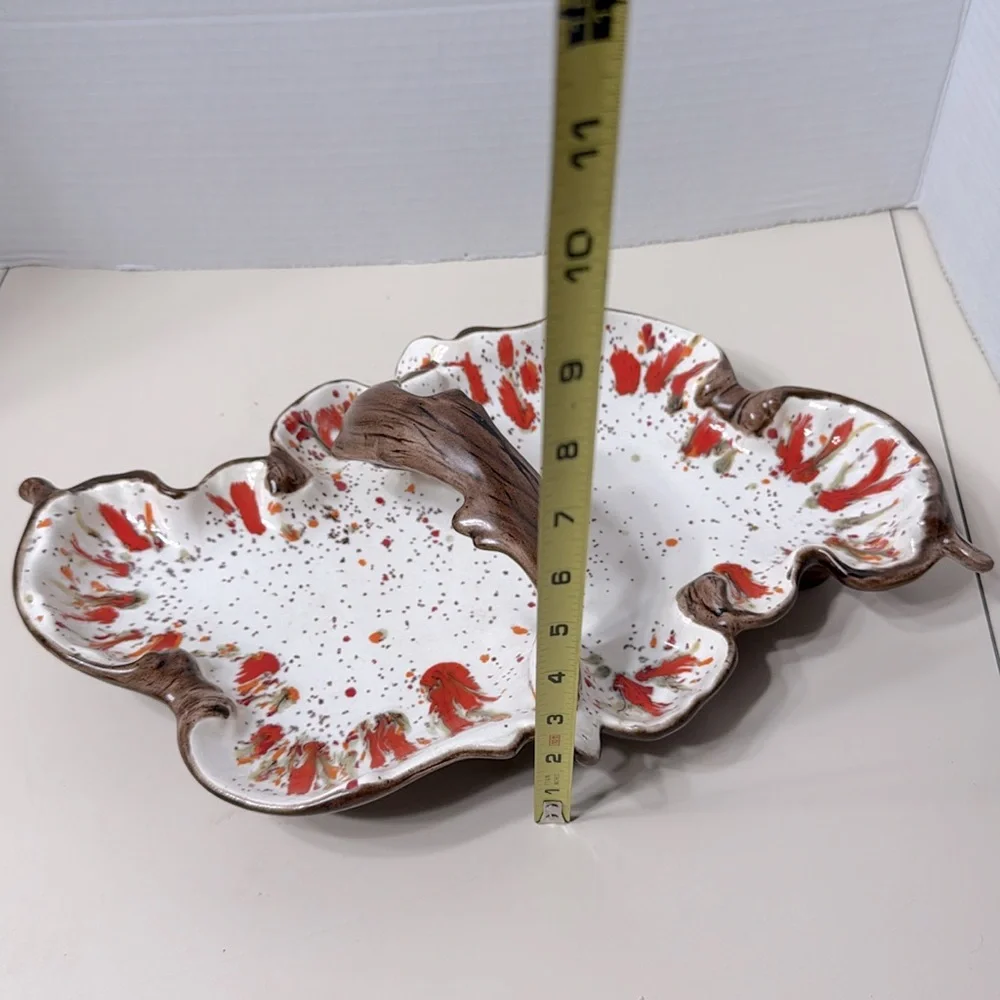 Vintage MCM Ceramic Speckled Splatter Drip Glaze Handle Autumn Leaf Dish Signed